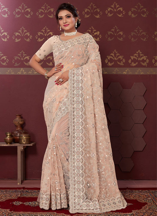 Contemporary Net Peach Embroidered Saree