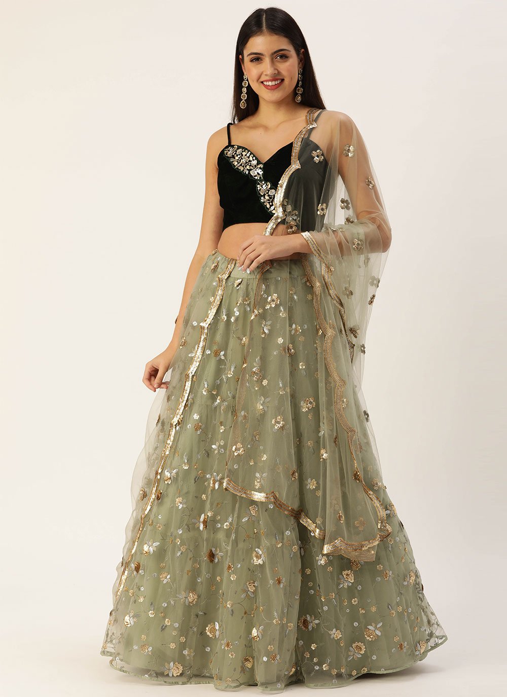 A Line Lehenga Net Green Embroidered Lehenga Choli