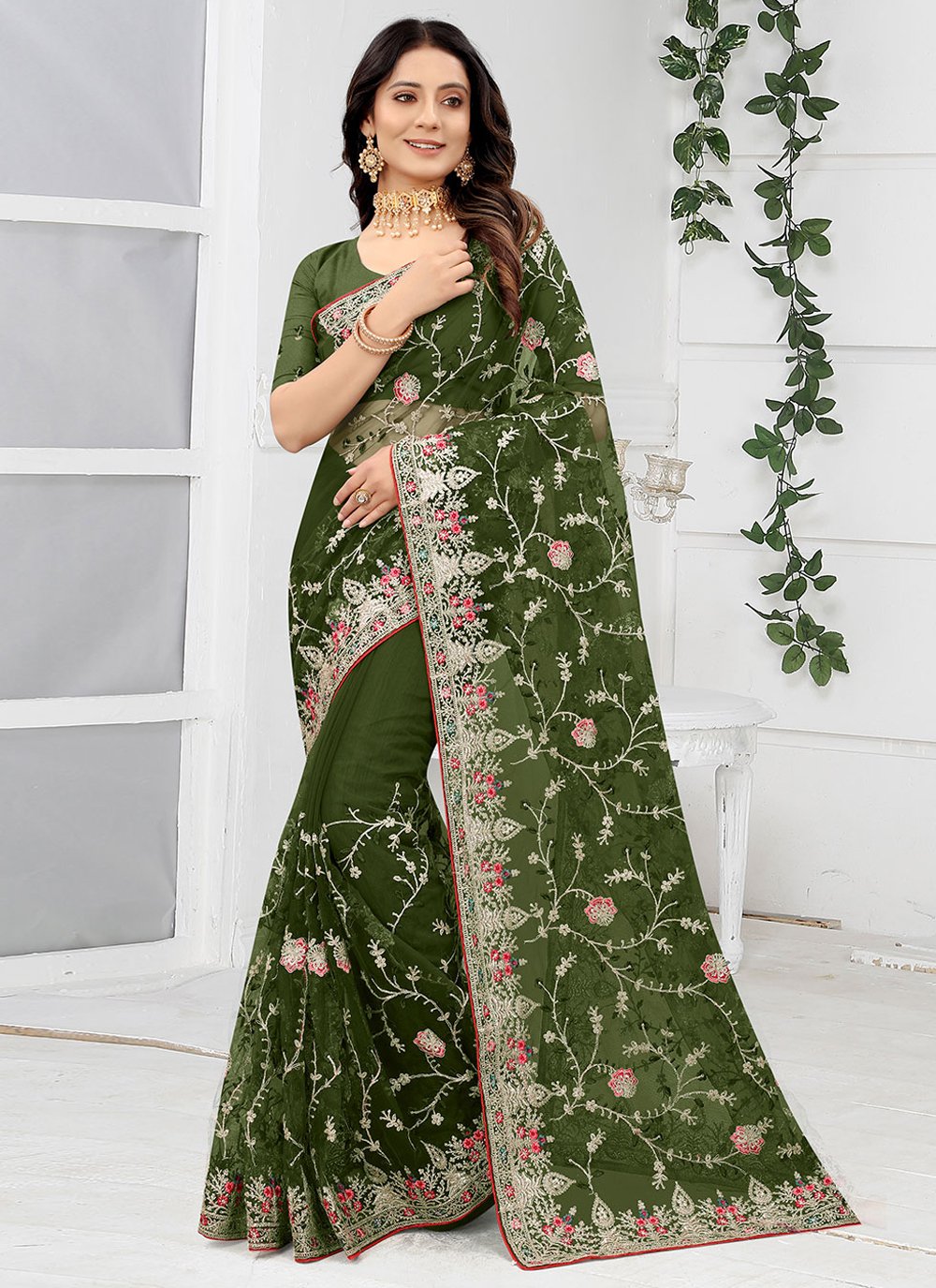 Contemporary Net Green Embroidered Saree