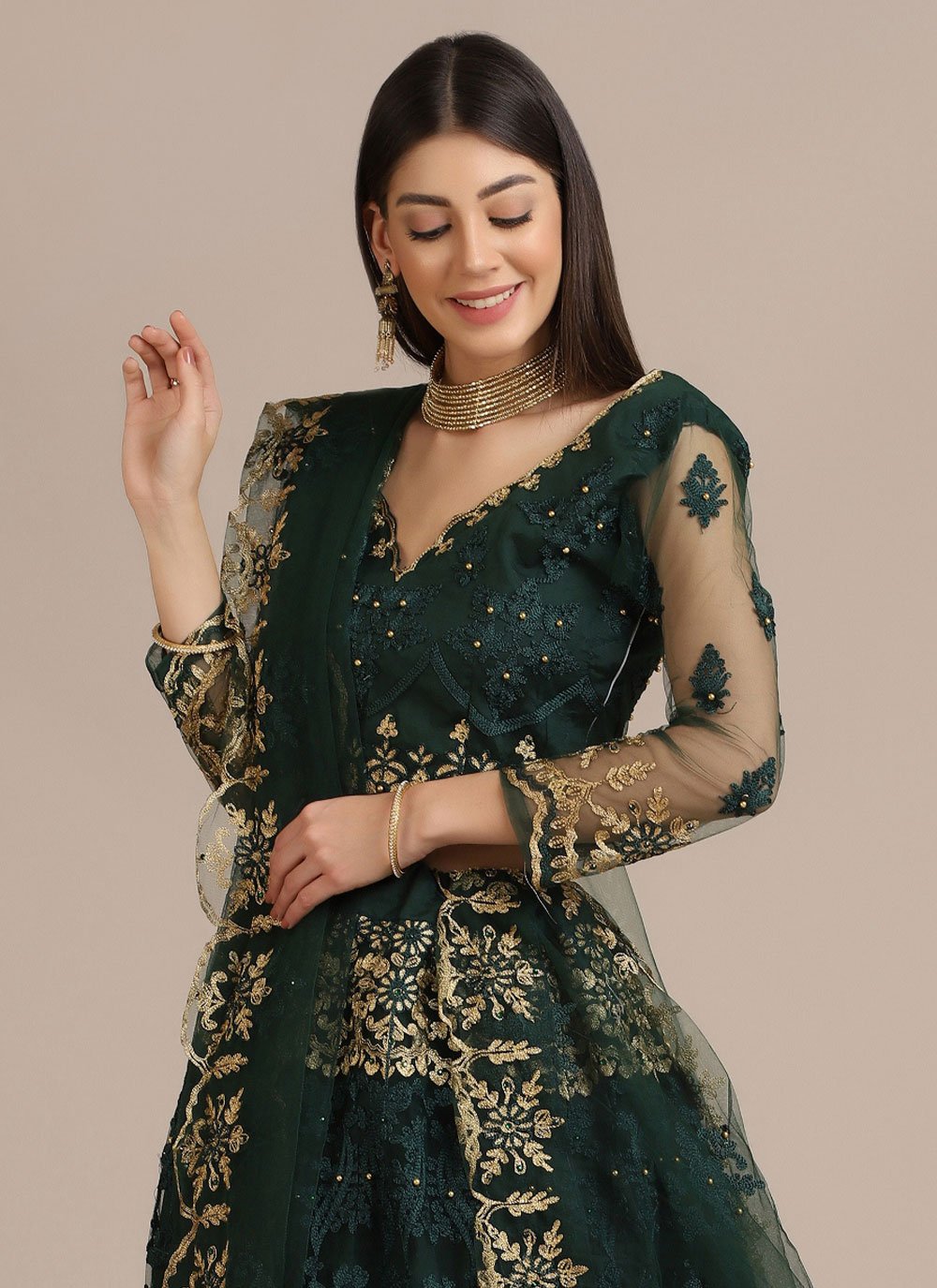 Lehenga Choli Net Green Embroidered Lehenga Choli