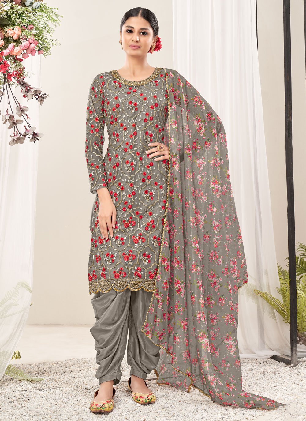 Patiala Suit Net Grey Embroidered Salwar Kameez