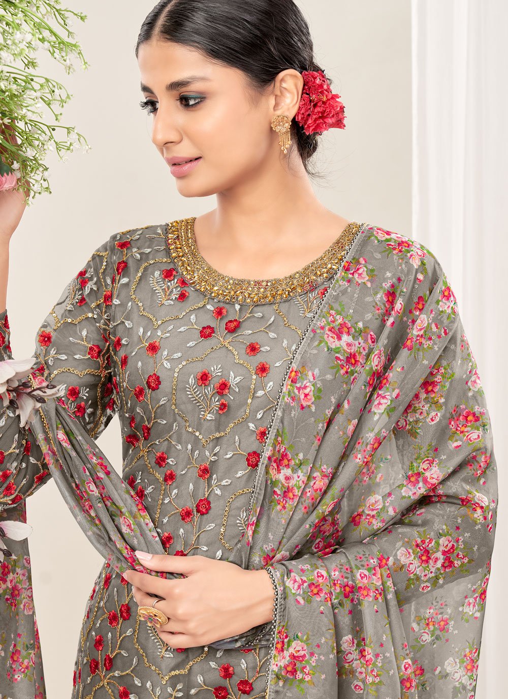 Patiala Suit Net Grey Embroidered Salwar Kameez