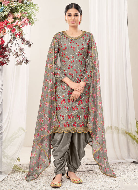 Patiala Suit Net Grey Embroidered Salwar Kameez