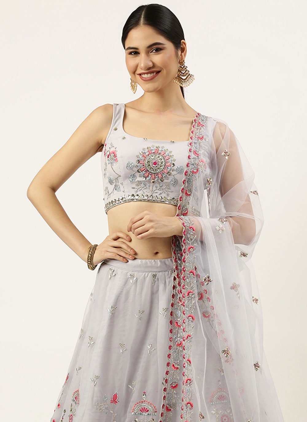 A Line Lehenga Net Grey Embroidered Lehenga Choli