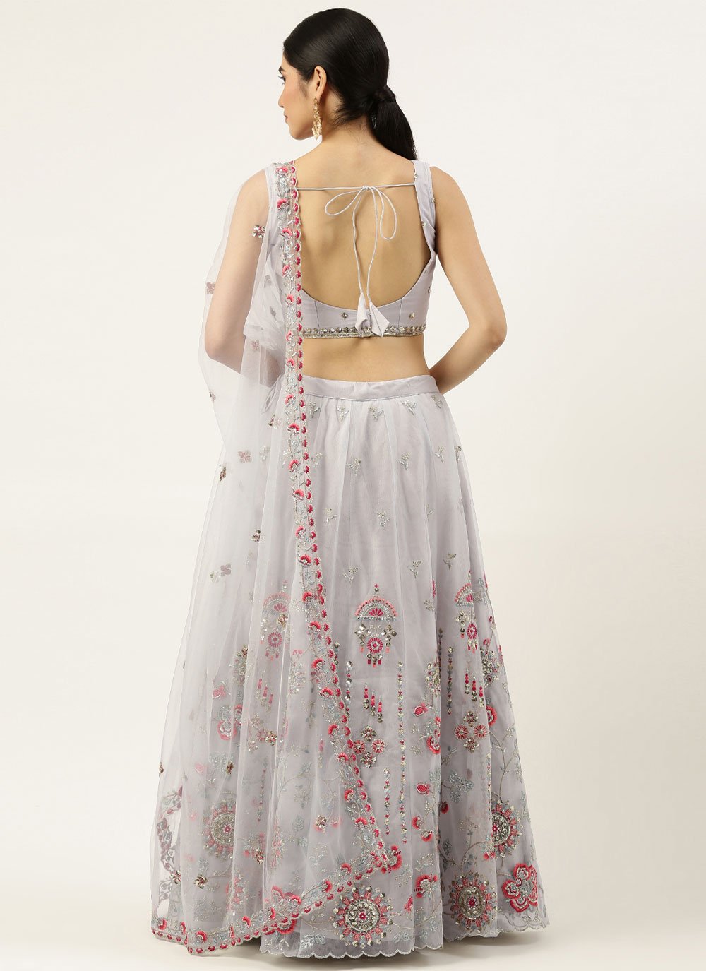 A Line Lehenga Net Grey Embroidered Lehenga Choli