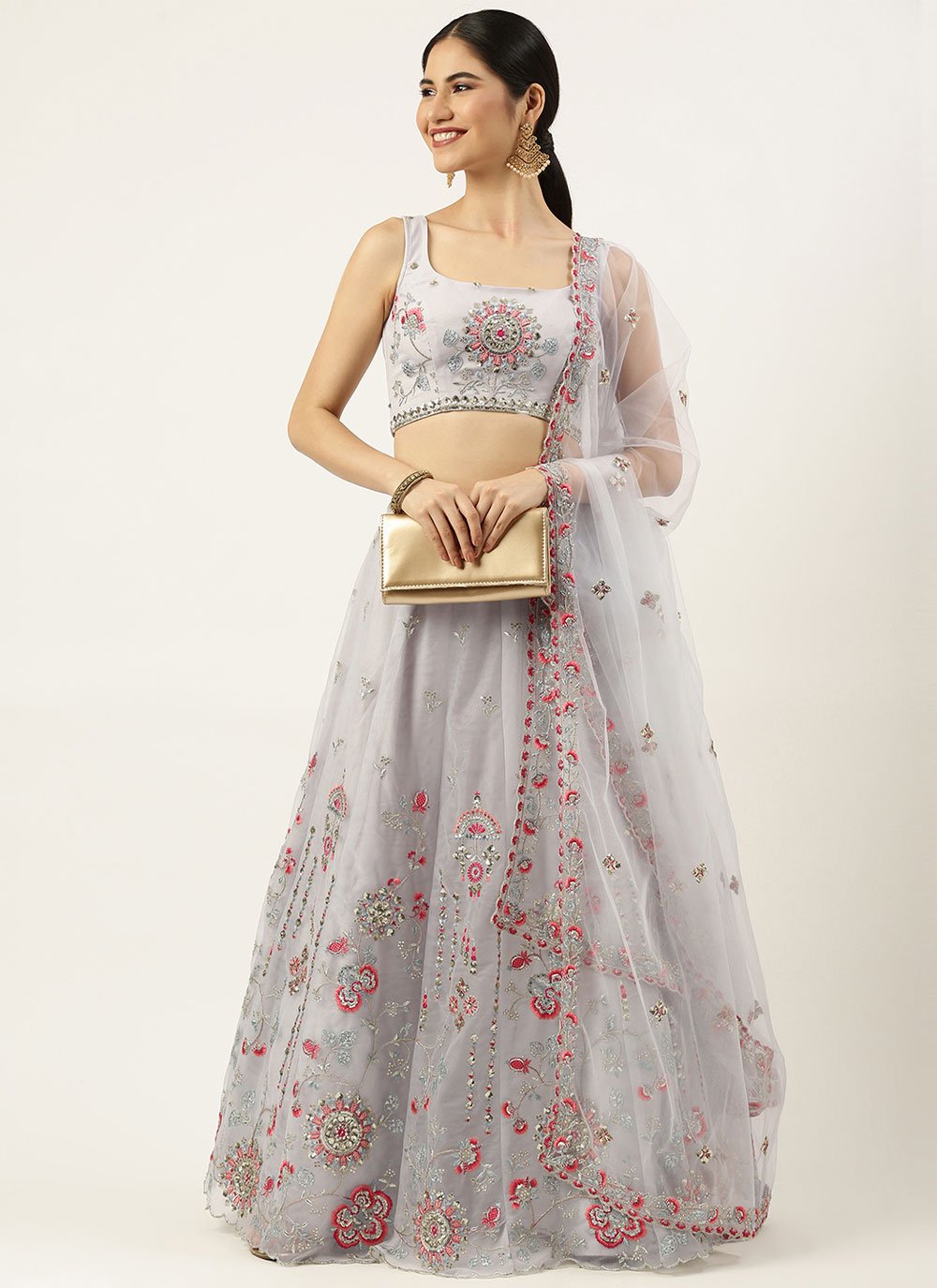 A Line Lehenga Net Grey Embroidered Lehenga Choli