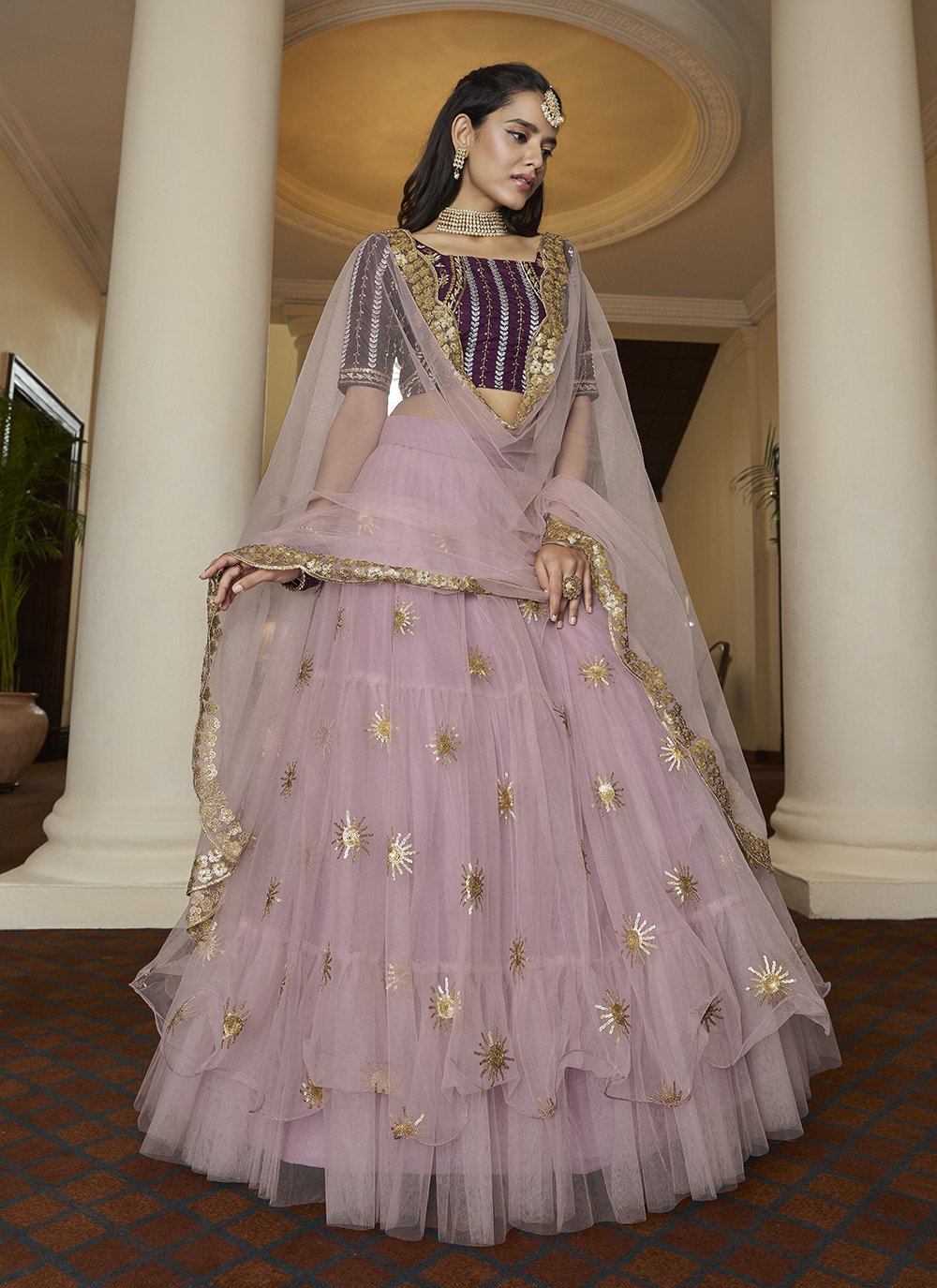 A Line Lehenga Net Lavender Embroidered Lehenga Choli