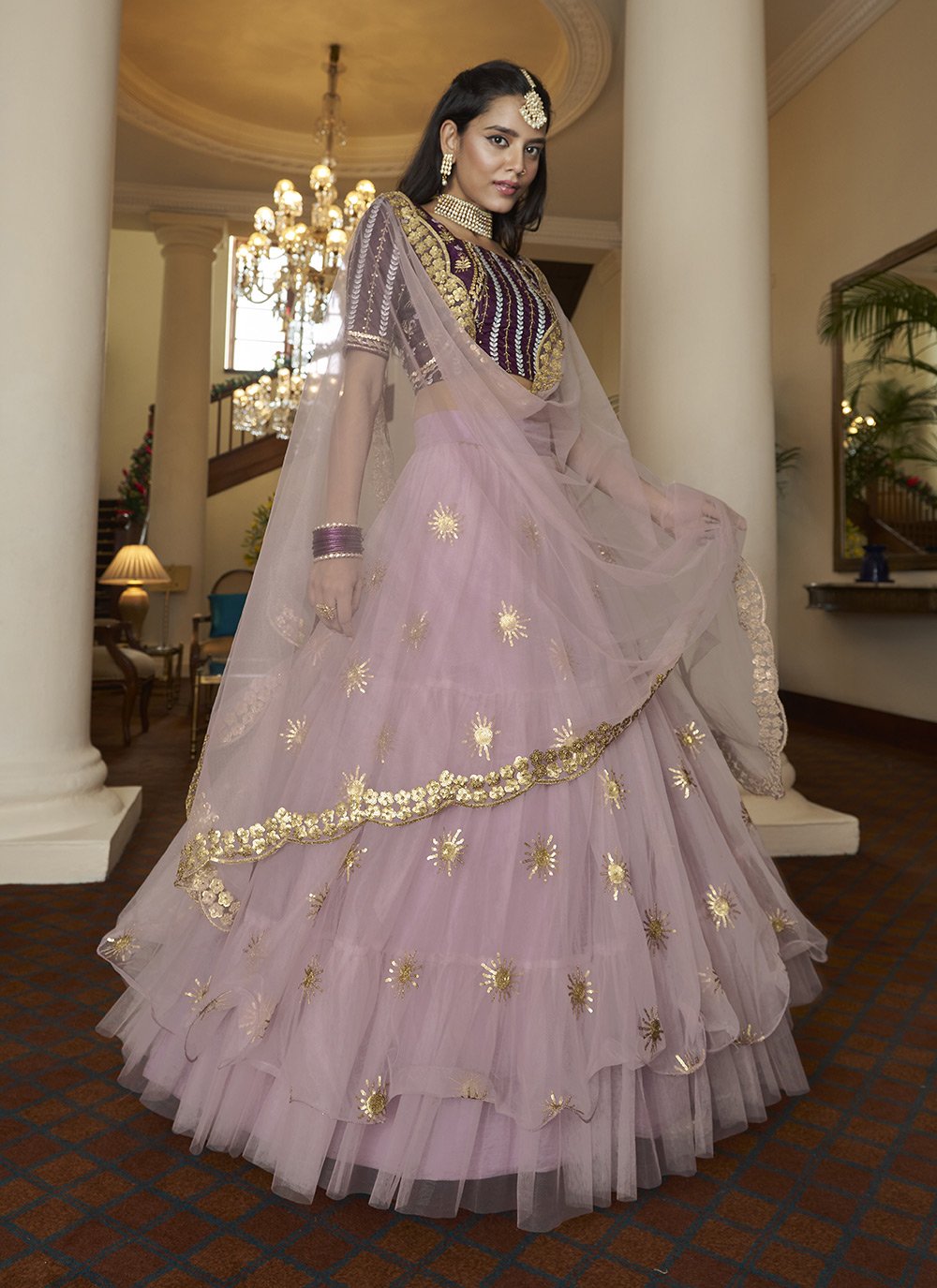 A Line Lehenga Net Lavender Embroidered Lehenga Choli