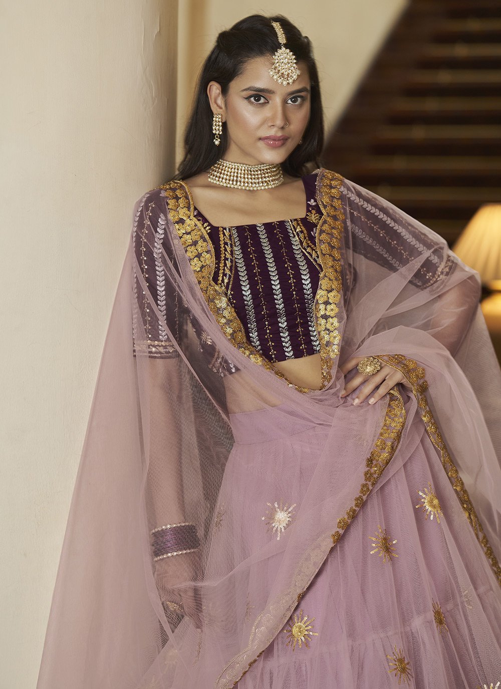 A Line Lehenga Net Lavender Embroidered Lehenga Choli