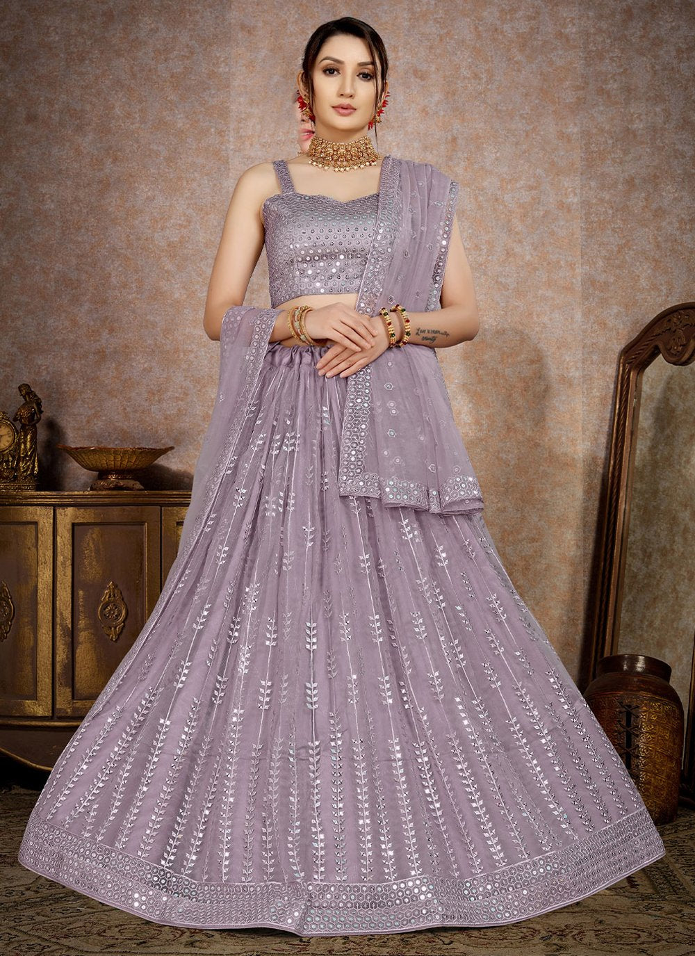 Lehenga Choli Net Mauve Embroidered Lehenga Choli