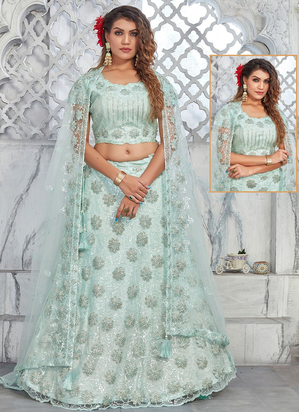 Lehenga Choli Net Sea Green Embroidered Lehenga Choli