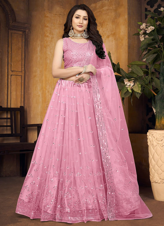 Lehenga Choli Net Pink Embroidered Lehenga Choli