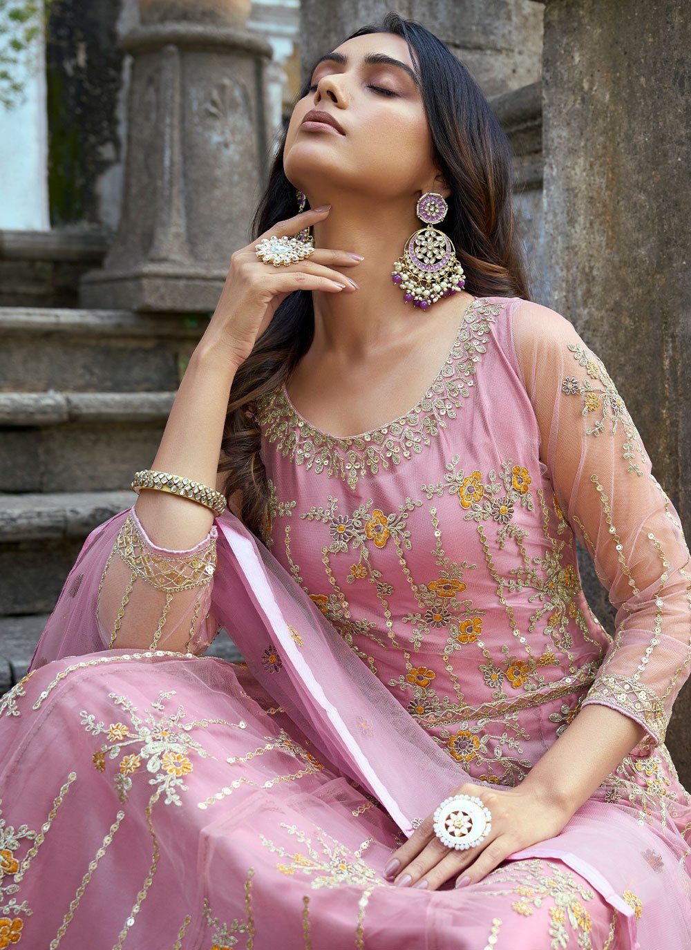 Floor Lenght Salwar Suit Net Pink Embroidered Salwar Kameez