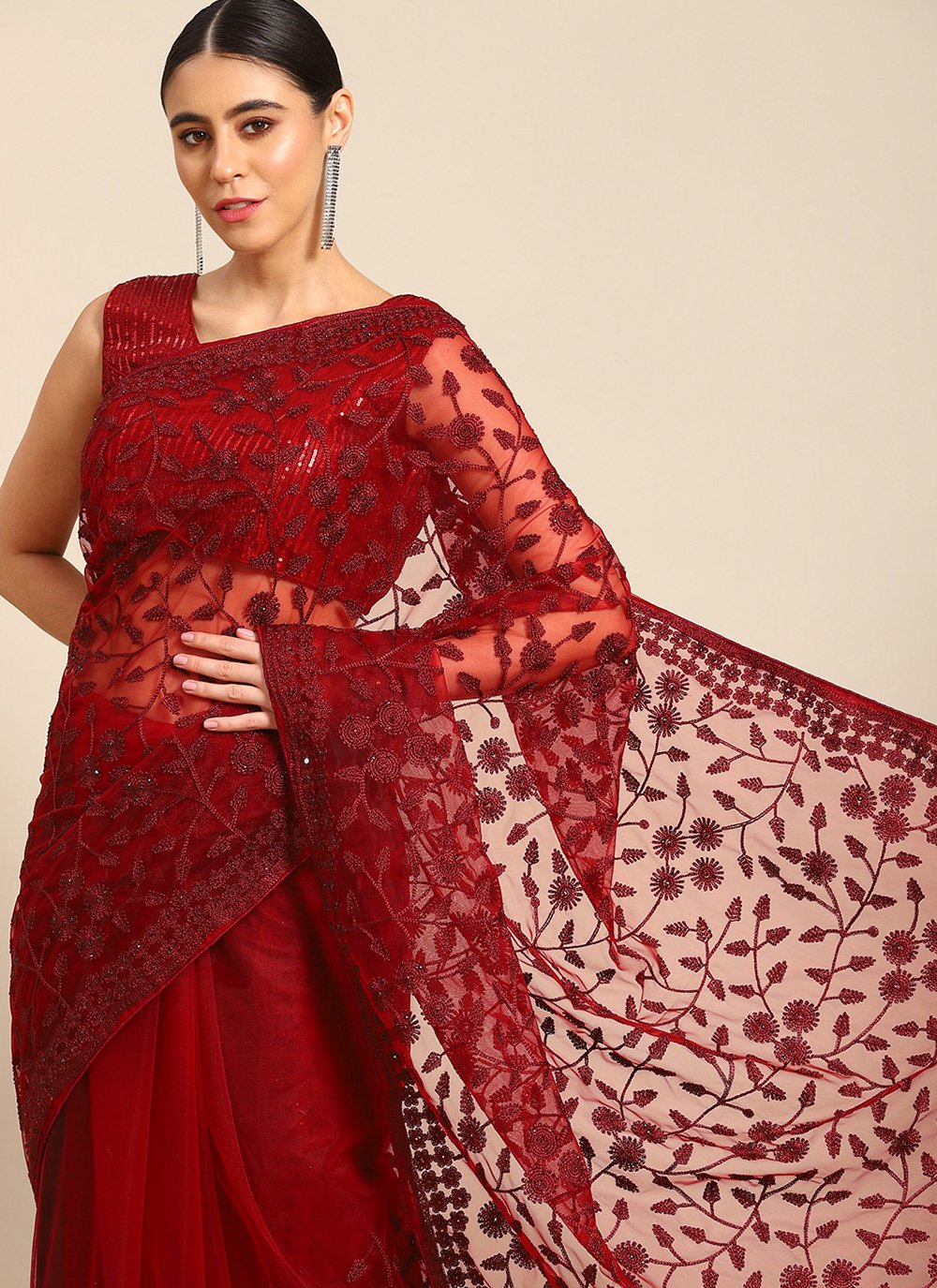 Designer Net Maroon Embroidered Saree