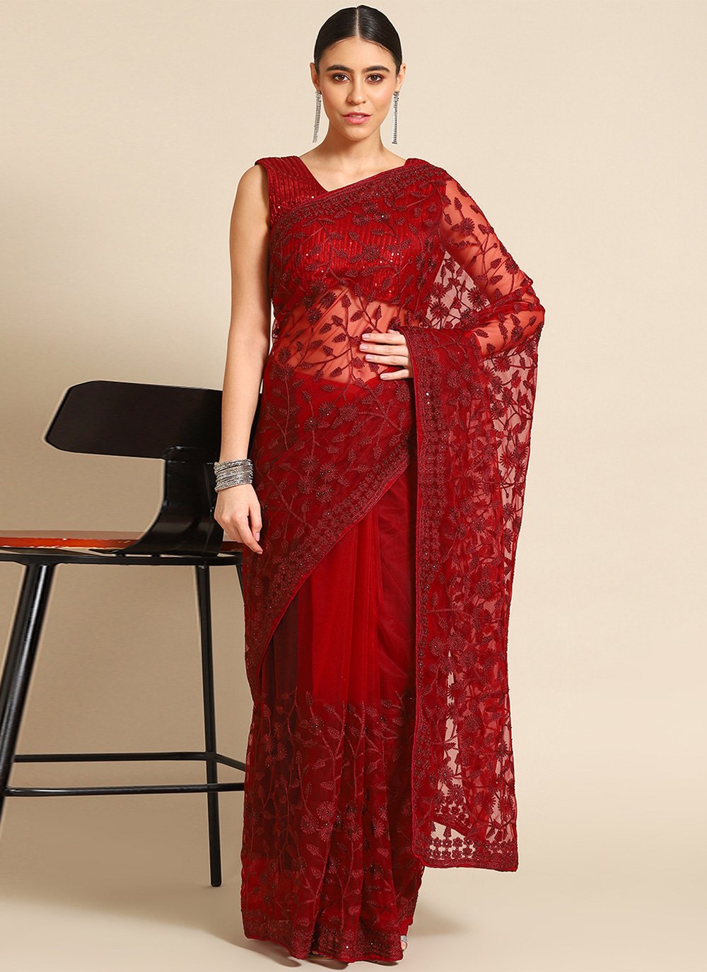 Designer Net Maroon Embroidered Saree