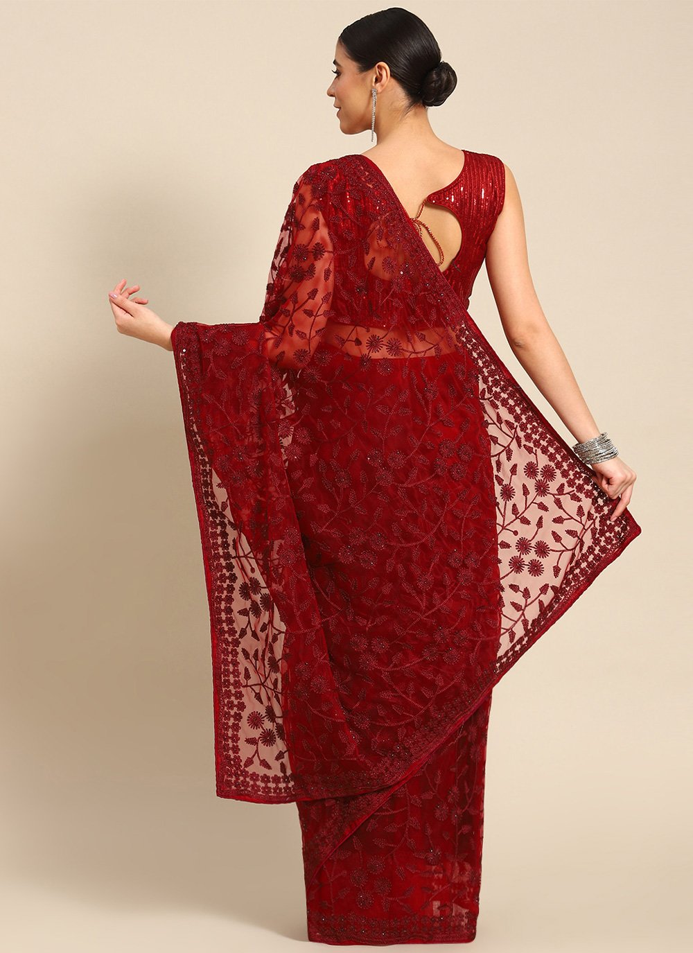 Designer Net Maroon Embroidered Saree