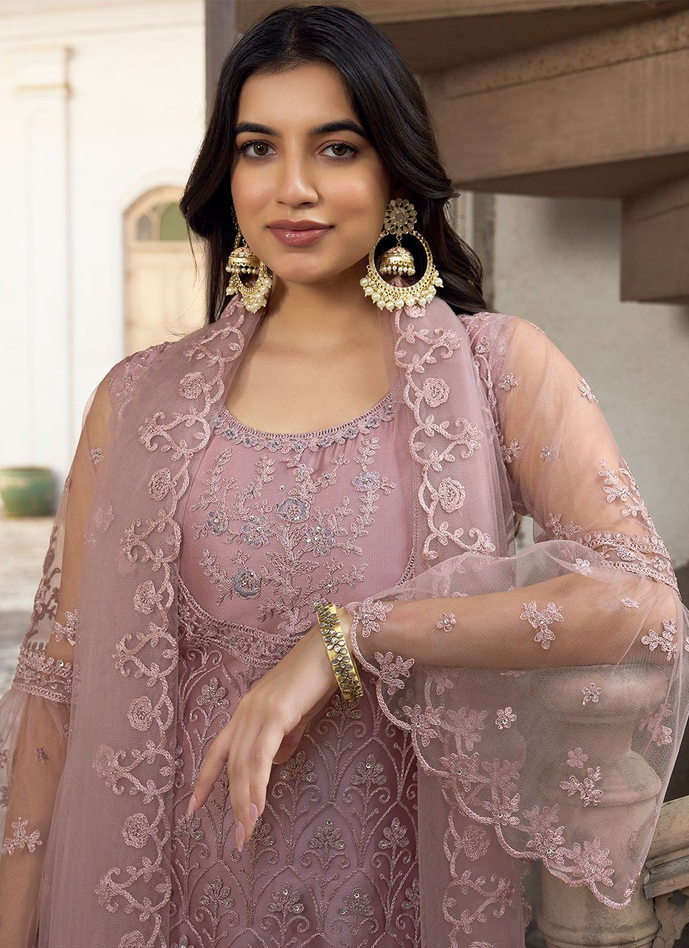 Pakistani Salwar Suit Net Pink Embroidered Salwar Kameez