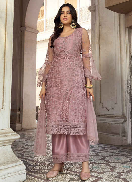Pakistani Salwar Suit Net Pink Embroidered Salwar Kameez