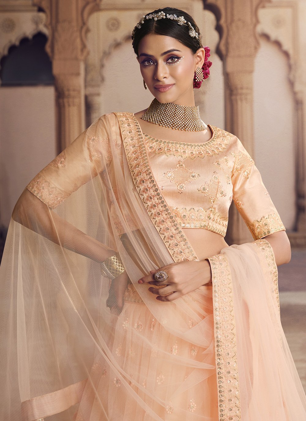 A Line Lehenga Net Peach Embroidered Lehenga Choli