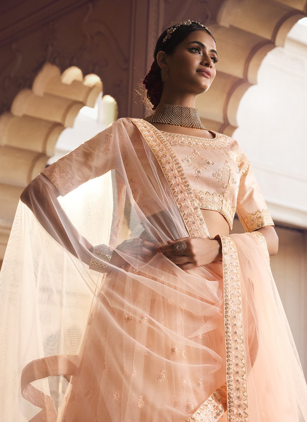 A Line Lehenga Net Peach Embroidered Lehenga Choli