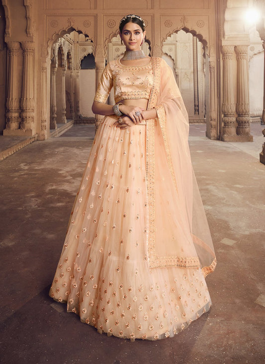 A Line Lehenga Net Peach Embroidered Lehenga Choli