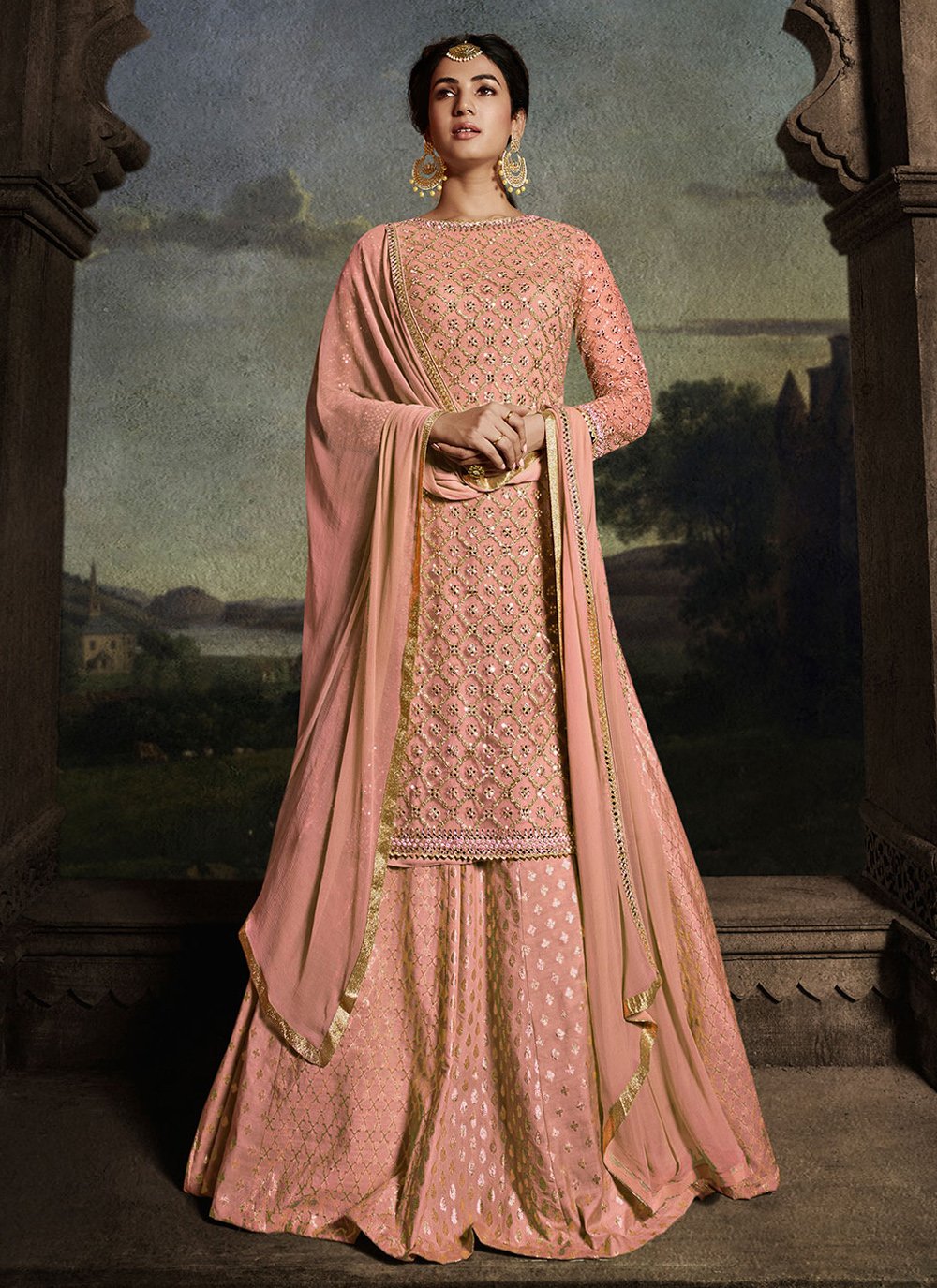 Palazzo Salwar Suit Net Peach Embroidered Salwar Kameez