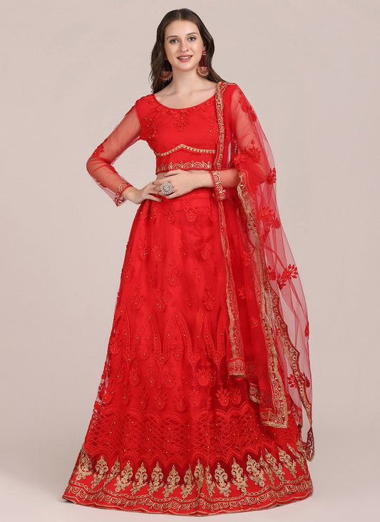 Lehenga Choli Net Red Embroidered Lehenga Choli