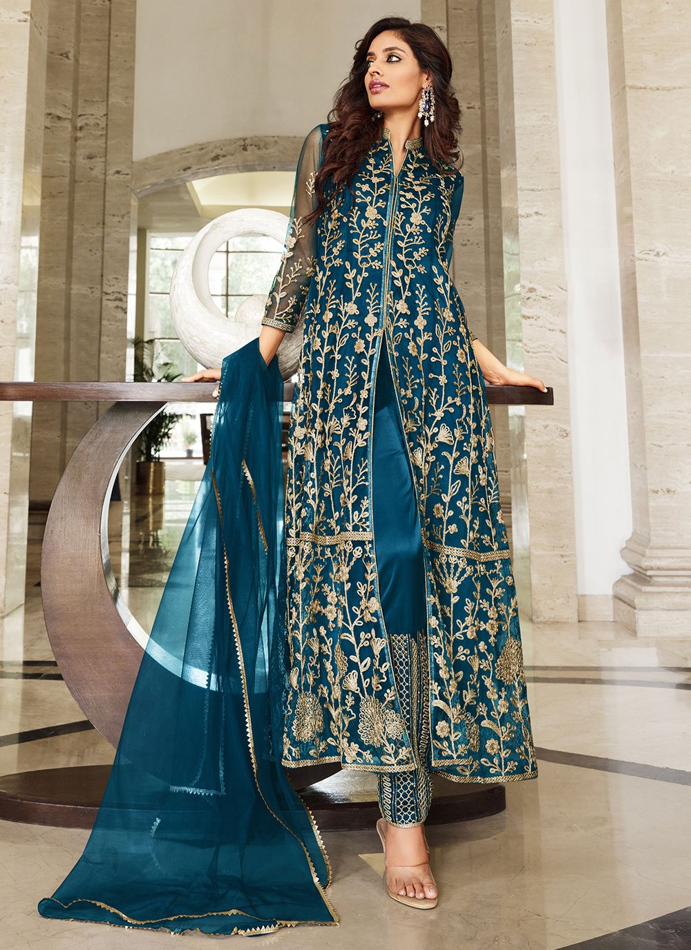 Salwar Suit Net Blue Embroidered Salwar Kameez