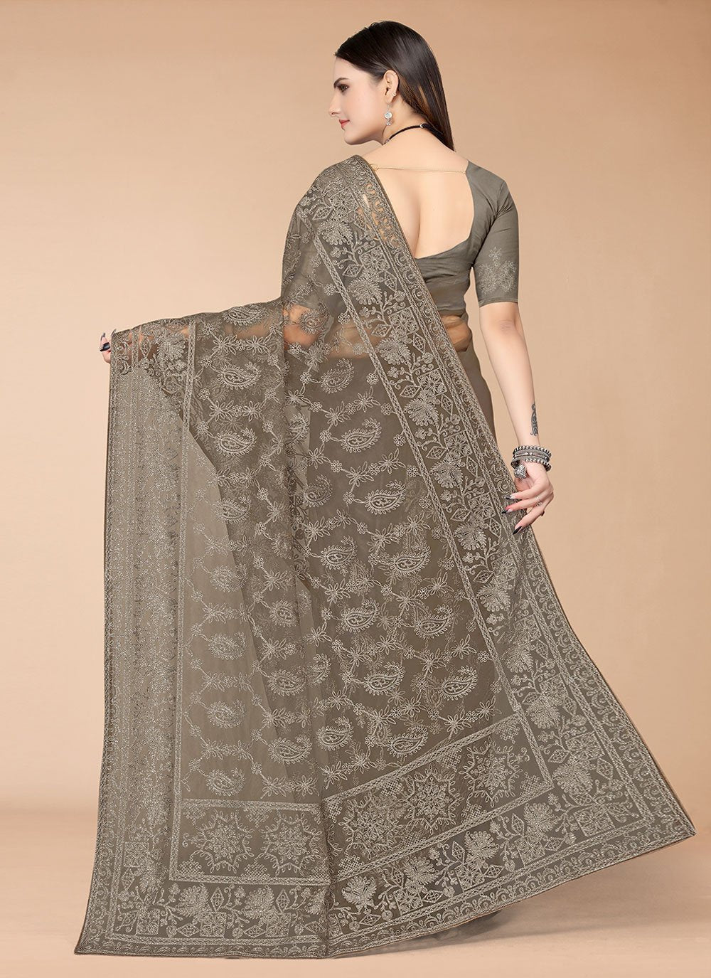 Classic Net Brown Embroidered Saree