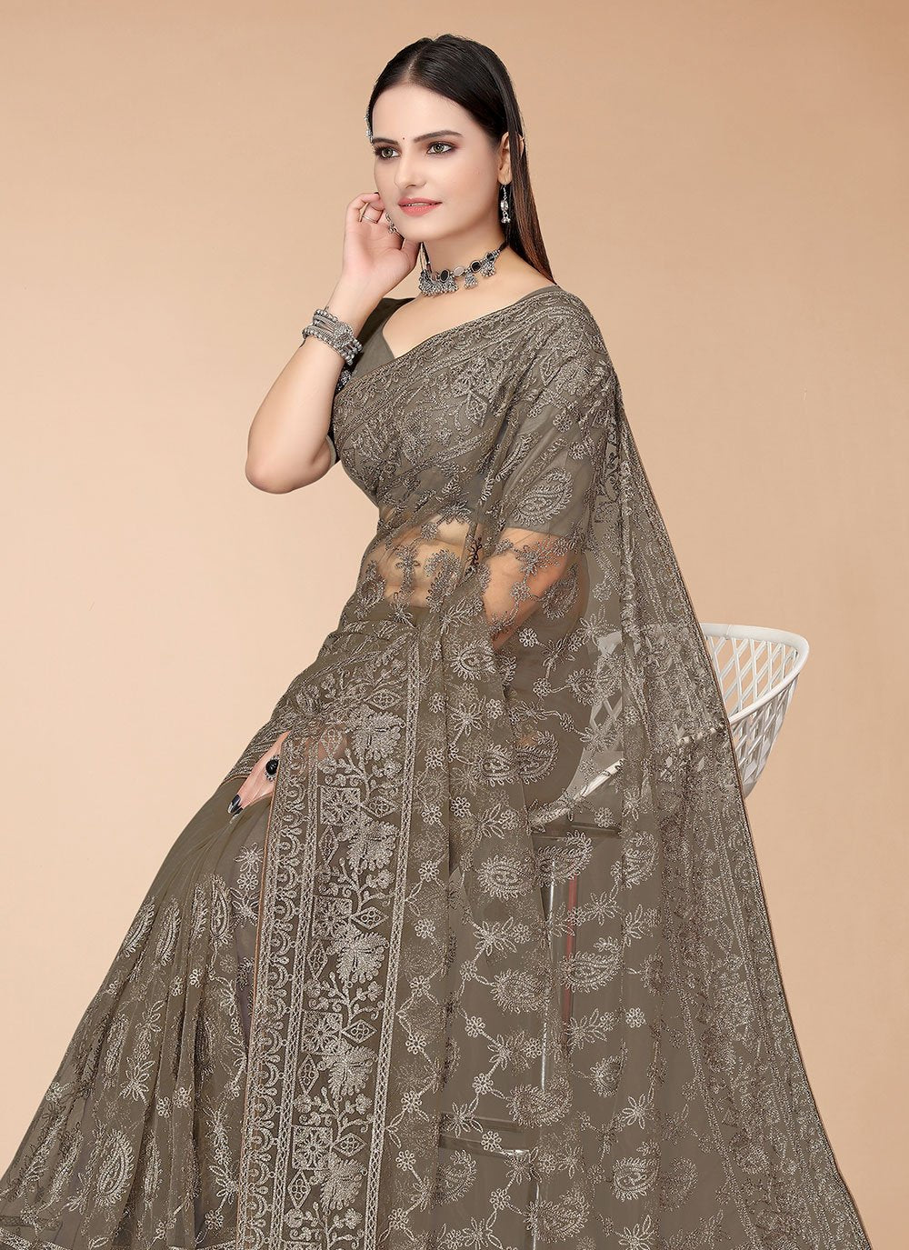 Classic Net Brown Embroidered Saree