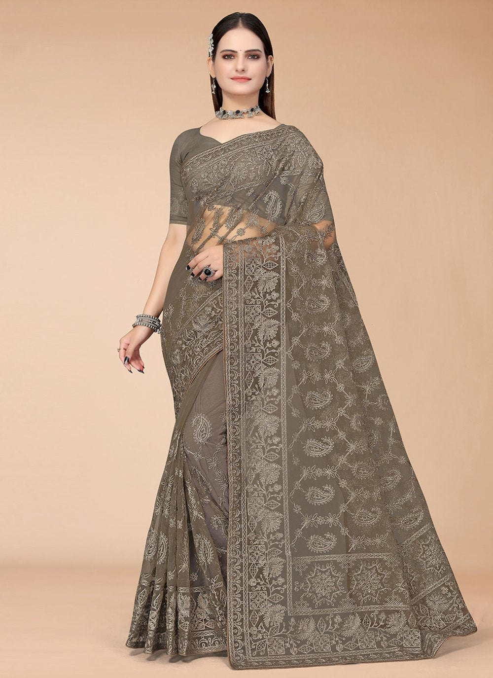 Classic Net Brown Embroidered Saree