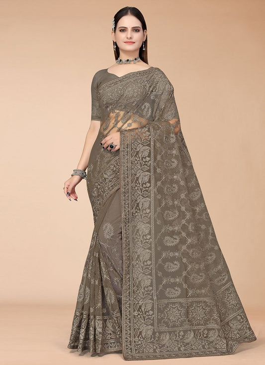 Classic Net Brown Embroidered Saree