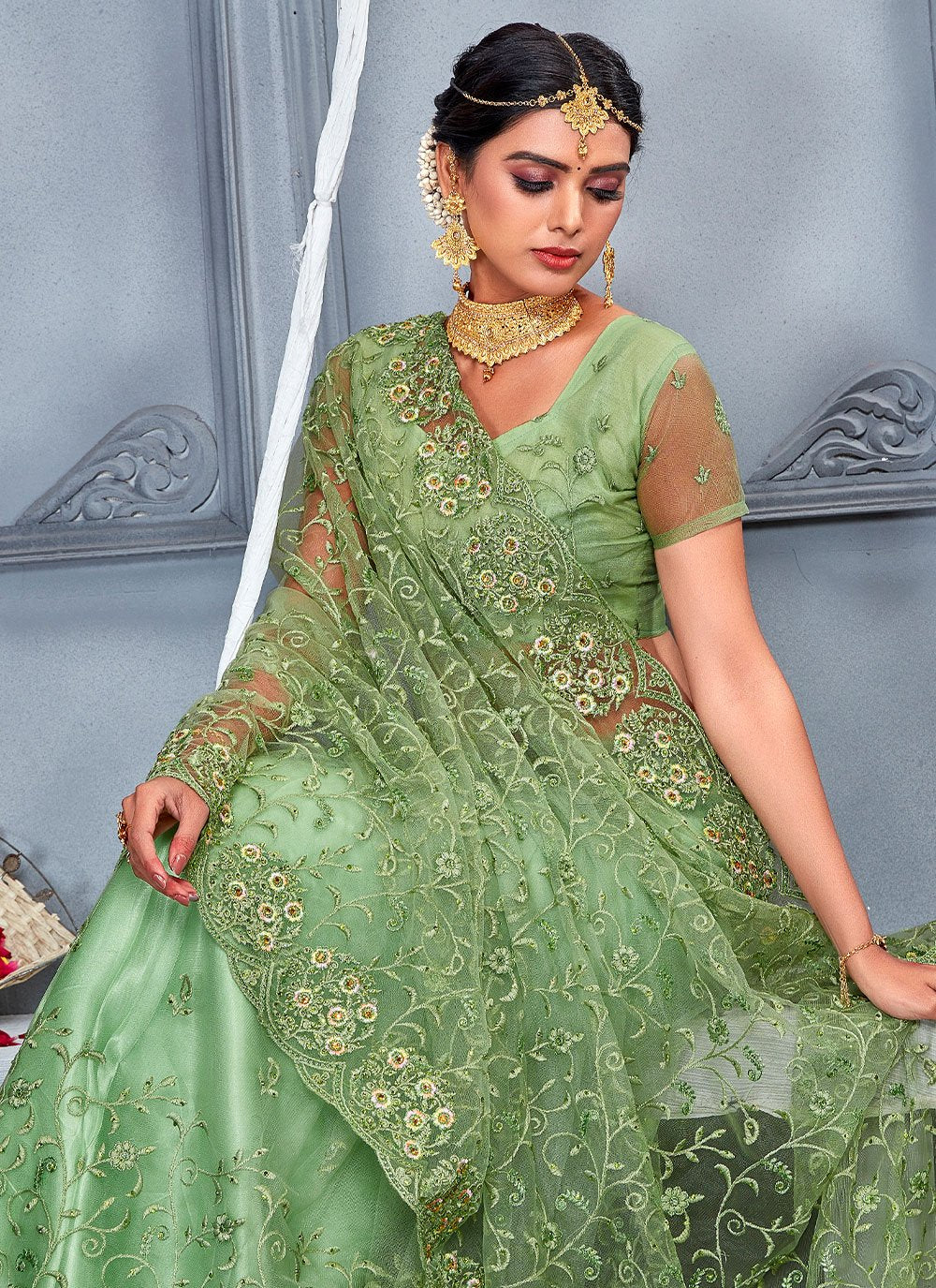 Classic Net Green Embroidered Saree