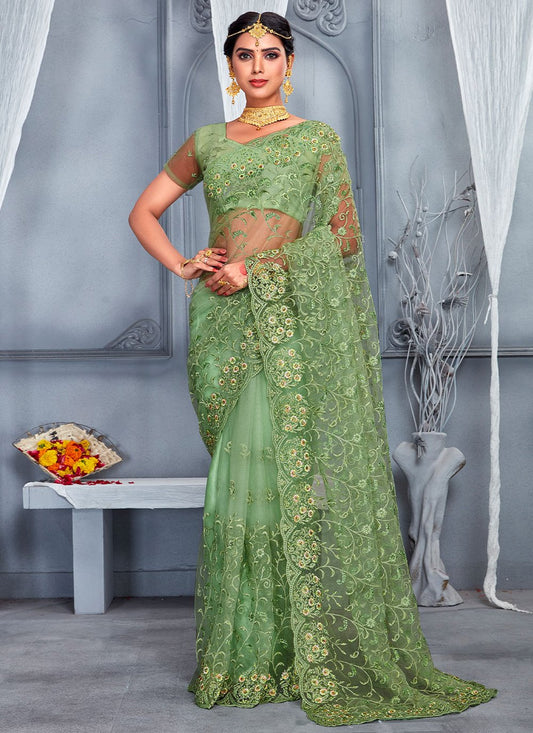 Classic Net Green Embroidered Saree