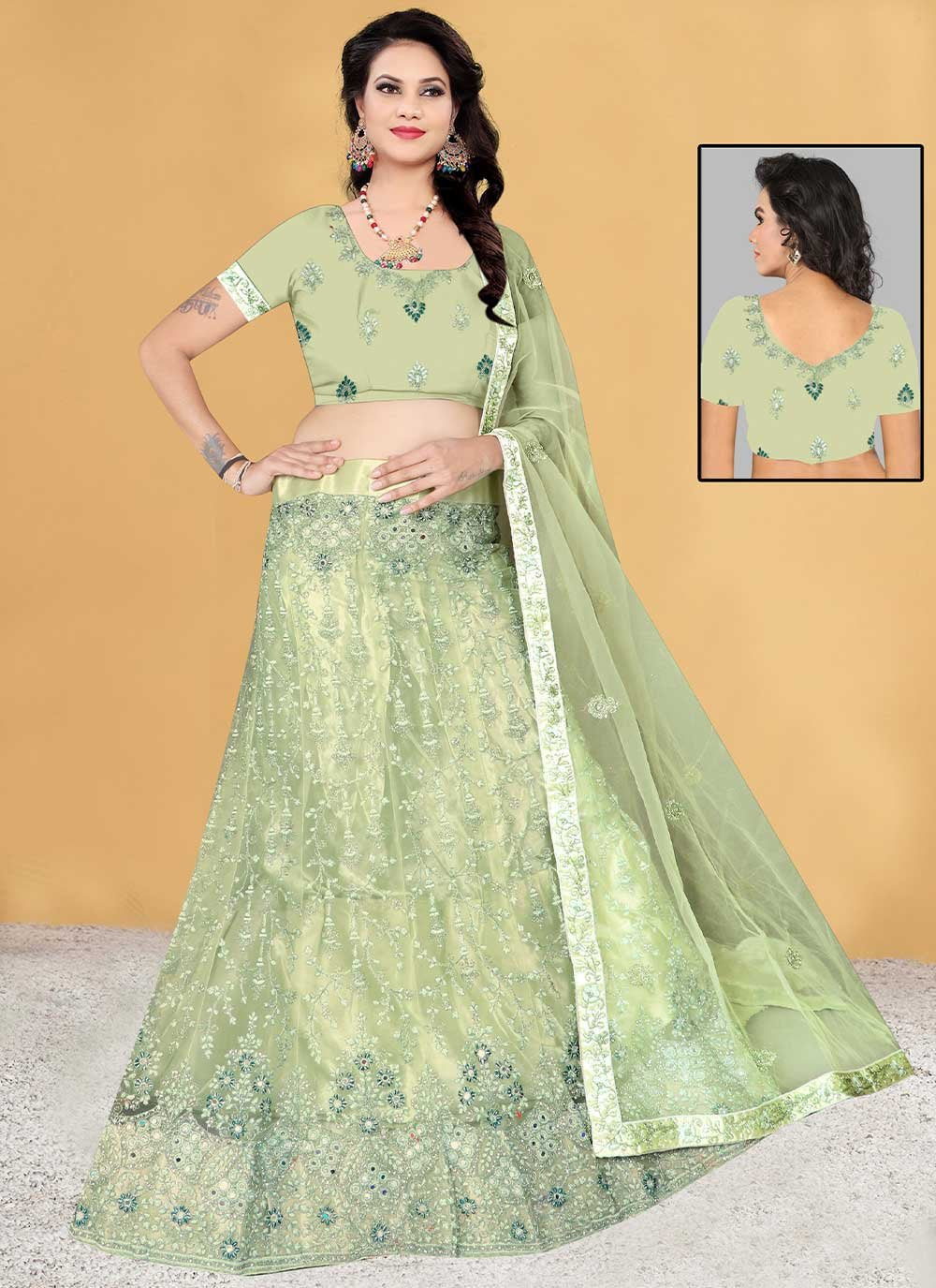 A Line Lehenga Net Sea Green Embroidered Lehenga Choli