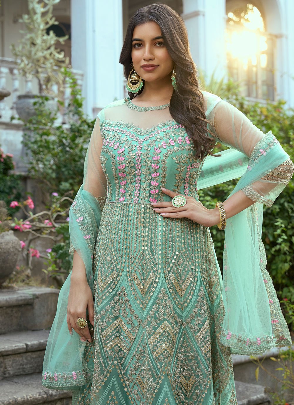 Anarkali Suit Net Sea Green Embroidered Salwar Kameez