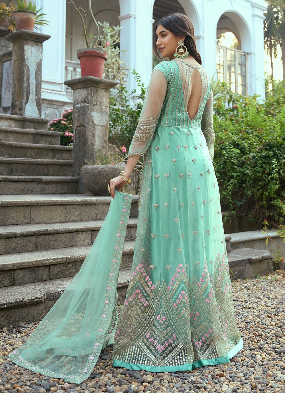 Anarkali Suit Net Sea Green Embroidered Salwar Kameez