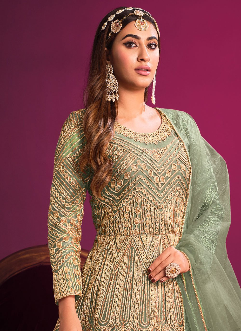 Floor Lenght Salwar Suit Net Sea Green Embroidered Salwar Kameez