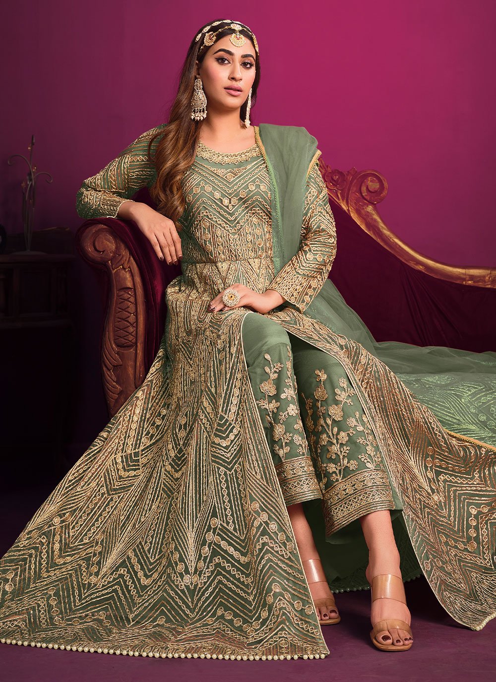 Floor Lenght Salwar Suit Net Sea Green Embroidered Salwar Kameez