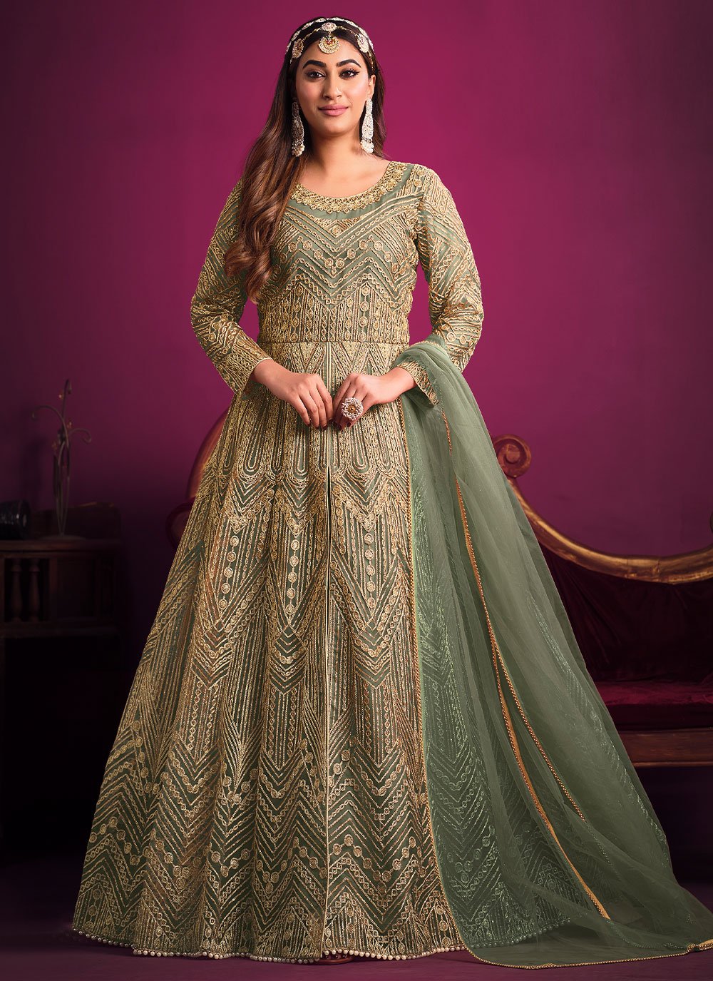 Floor Lenght Salwar Suit Net Sea Green Embroidered Salwar Kameez