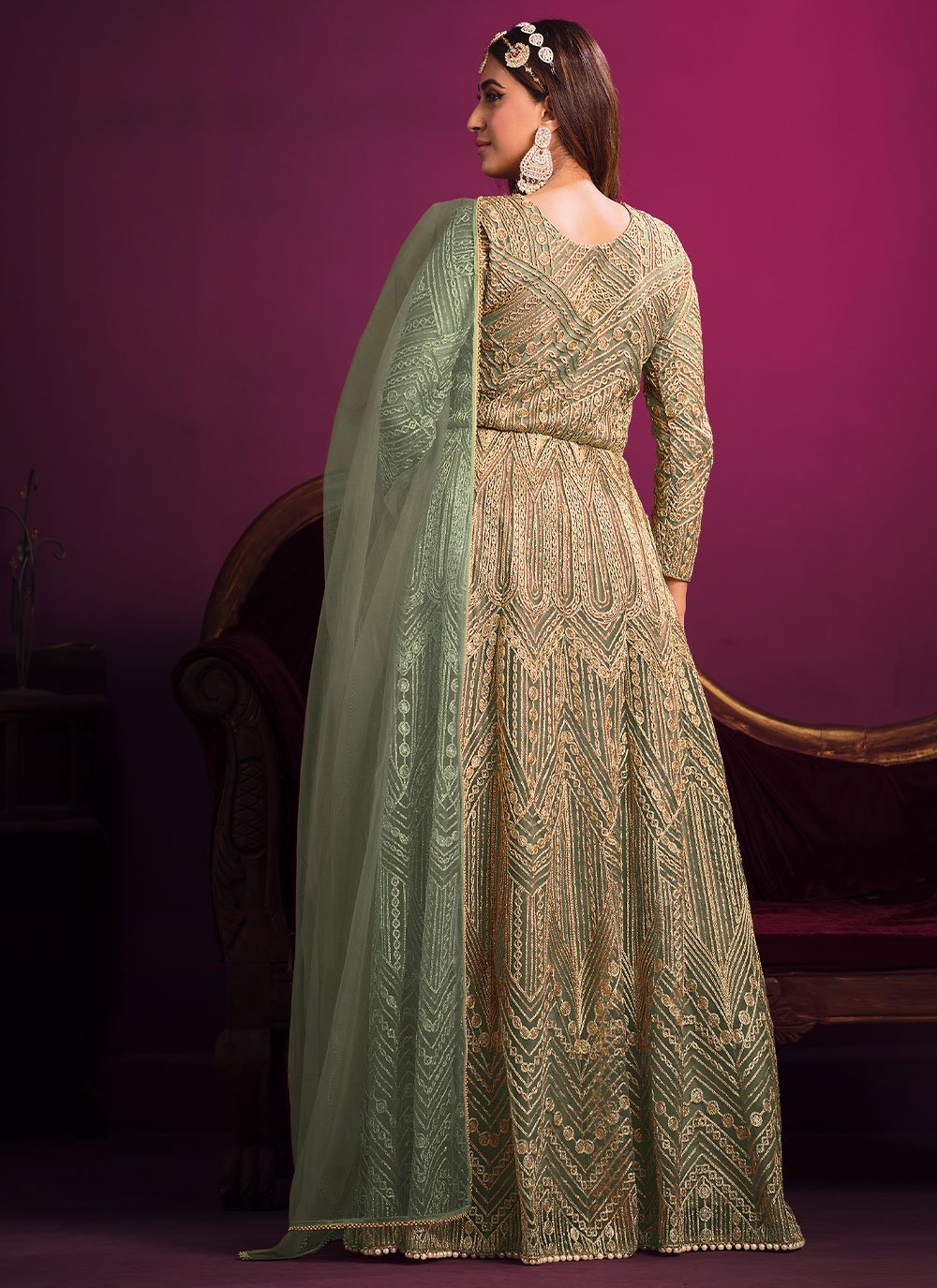 Floor Lenght Salwar Suit Net Sea Green Embroidered Salwar Kameez