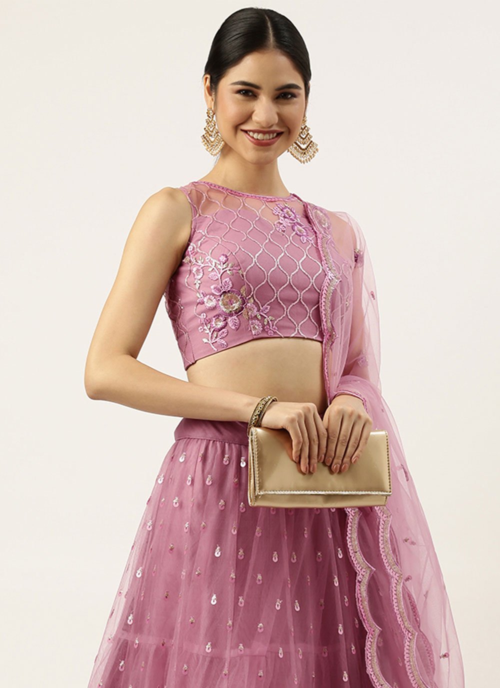 A Line Lehenga Net Mauve Embroidered Lehenga Choli