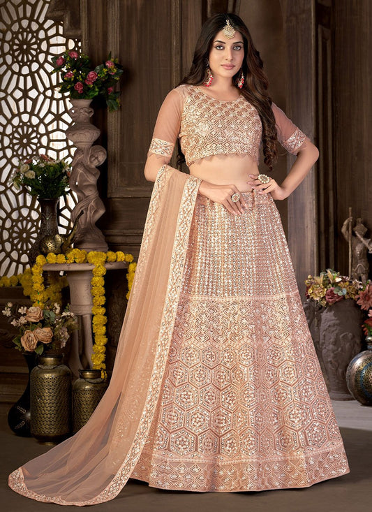 Lehenga Choli Net Peach Embroidered Lehenga Choli