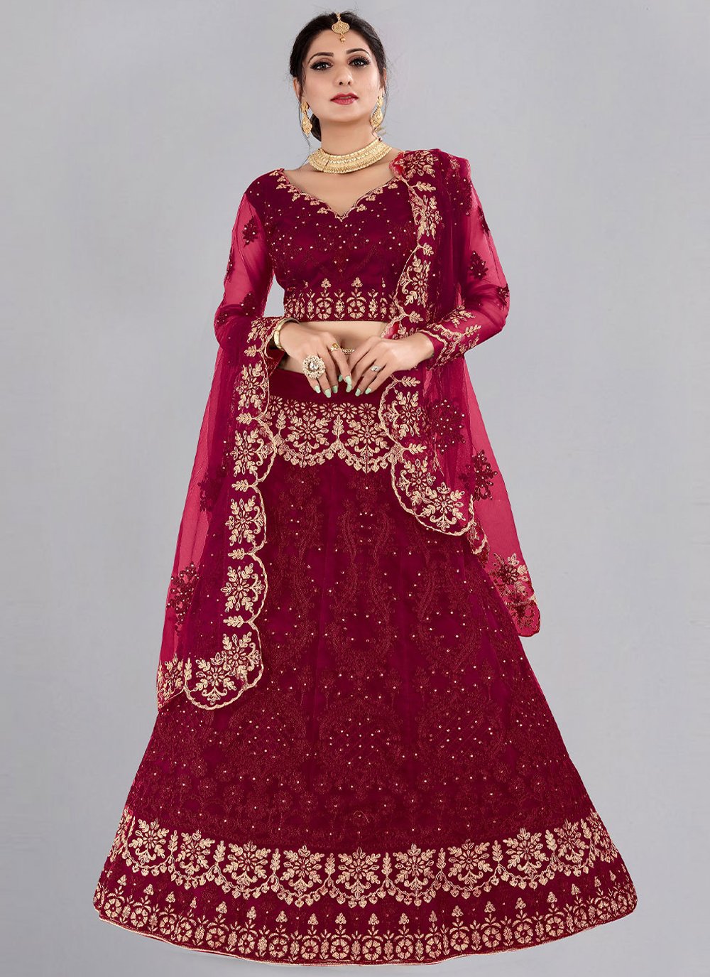 Lehenga Choli Net Maroon Embroidered Lehenga Choli