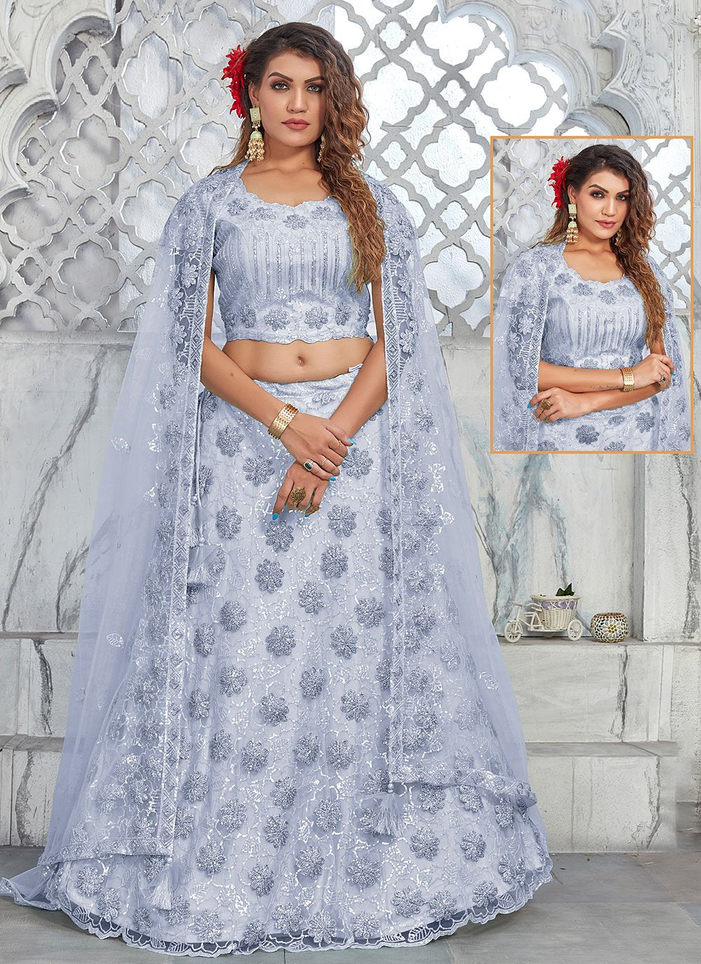 Lehenga Choli Net Aqua Blue Embroidered Lehenga Choli