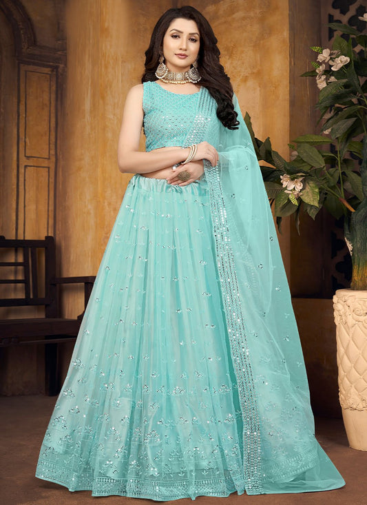 Lehenga Choli Net Aqua Blue Embroidered Lehenga Choli