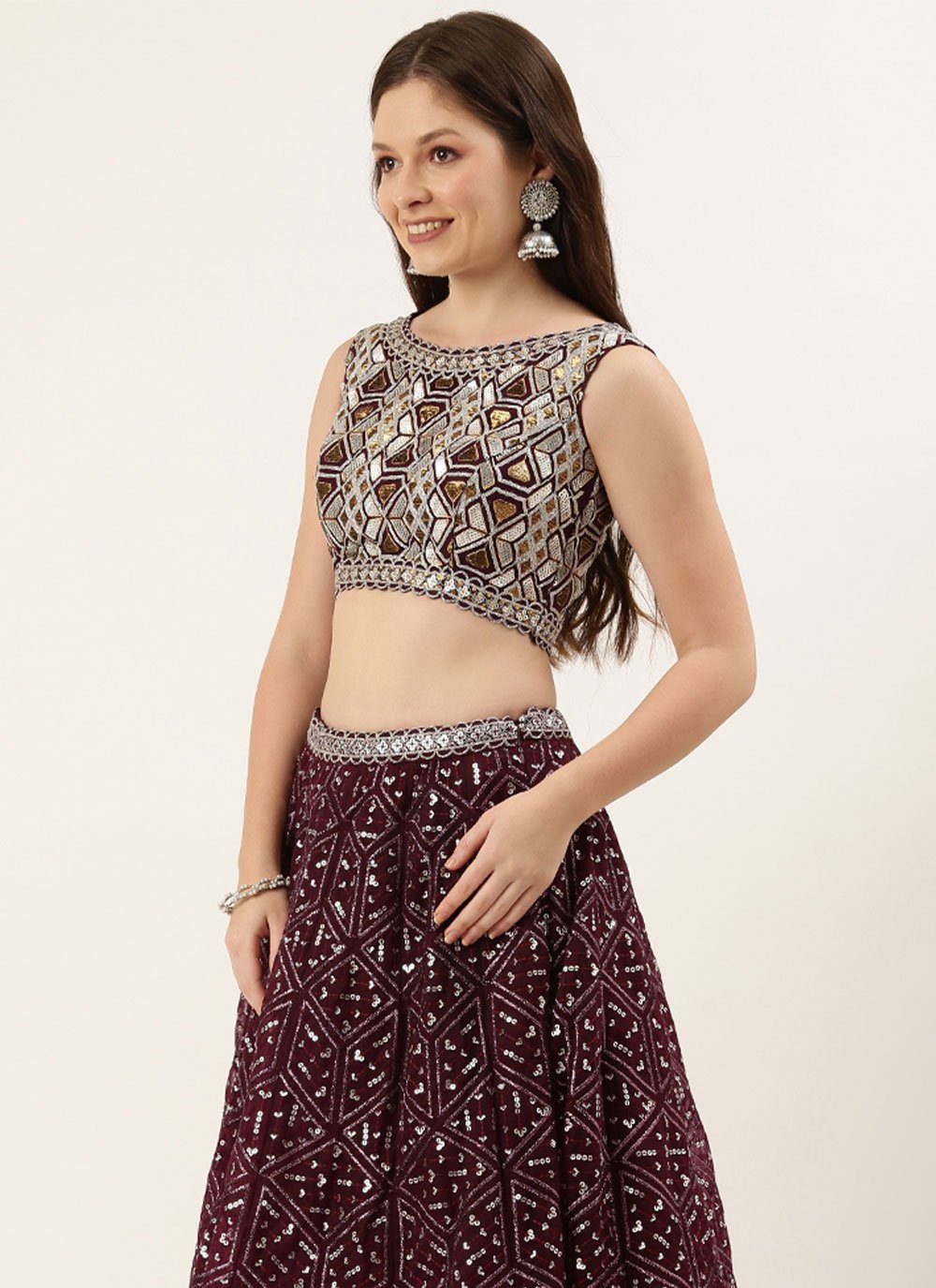 Lehenga Choli Net Burgundy Embroidered Lehenga Choli