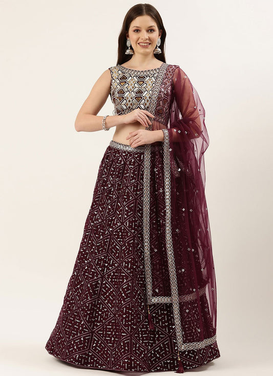 Lehenga Choli Net Burgundy Embroidered Lehenga Choli