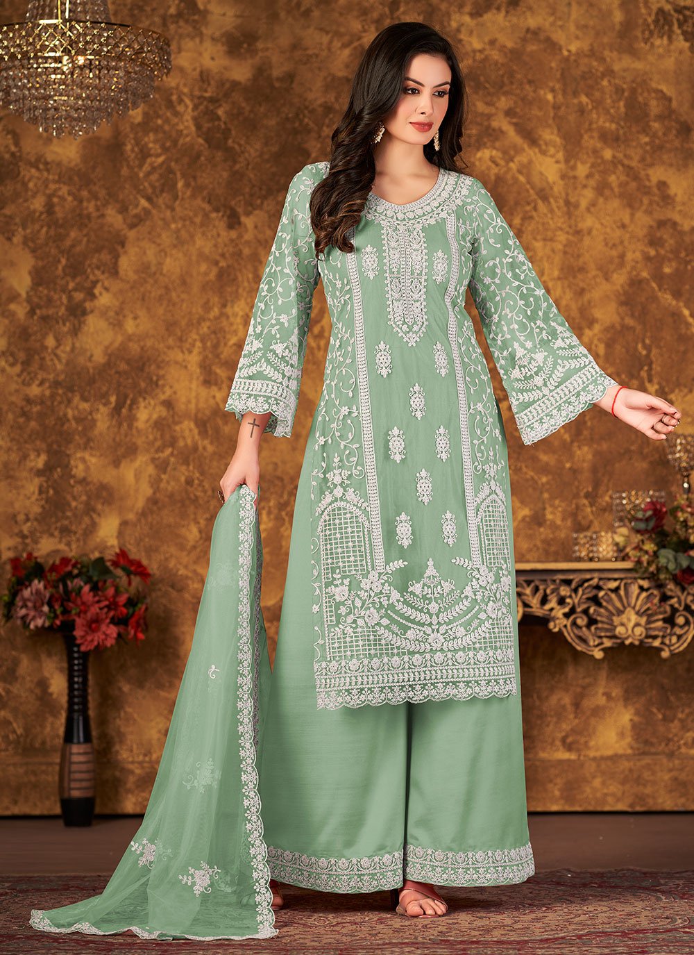 Salwar Suit Net Sea Green Embroidered Salwar Kameez