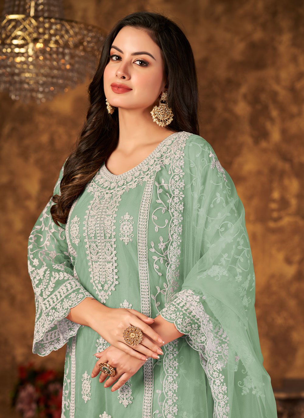 Salwar Suit Net Sea Green Embroidered Salwar Kameez